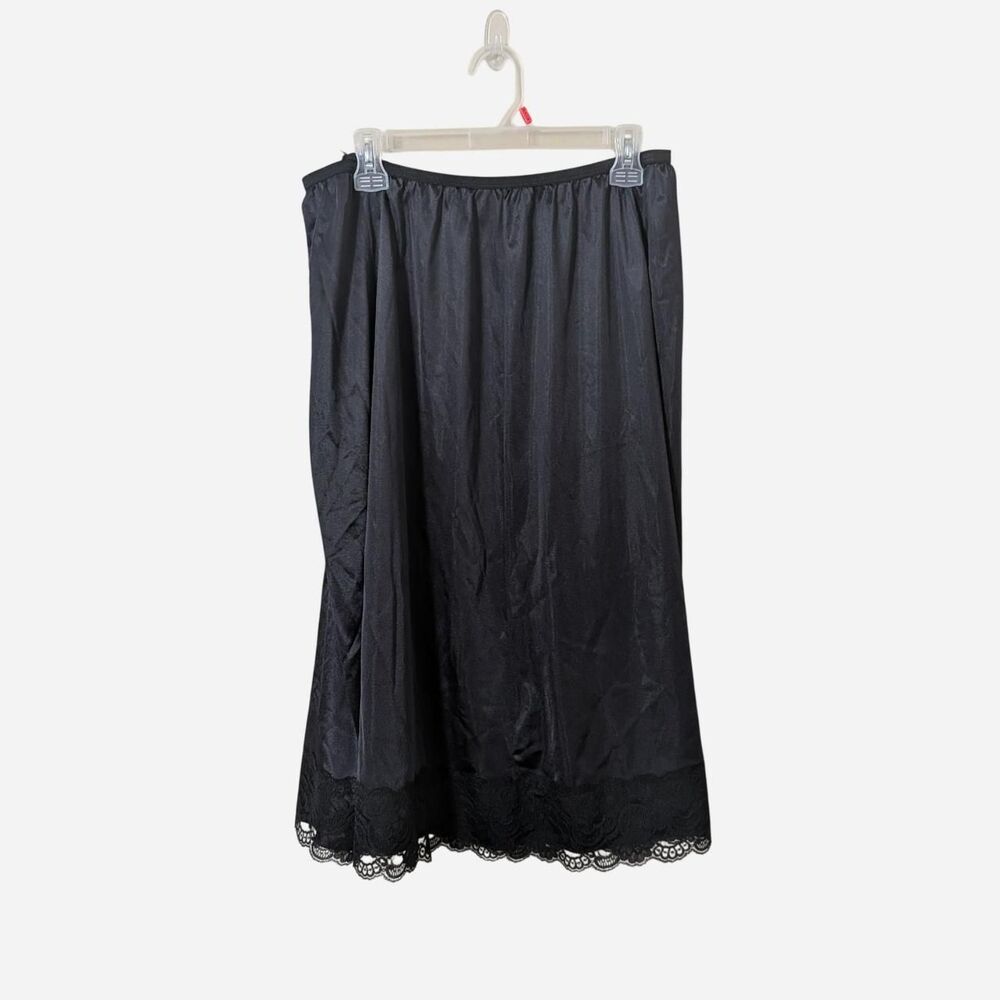 Vintage Black Satin Slip Skirt Midi with Lace Trim // Coquette Whimsigoth Grunge